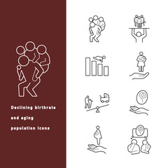少子高齢化と少子化対策に関するアイコンイラスト(線画）のセット