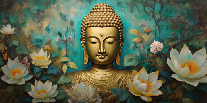 glowing 3d golden buddha and Abstract gold painted oil