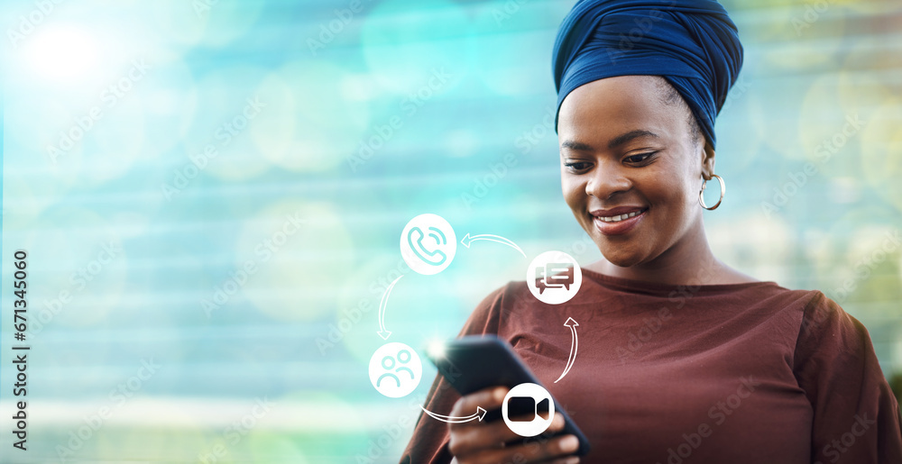 Aufkleber Phone app graphic, black woman and erp mobile application hologram with mockup. web networking, online communication network and digital networking options of a happy female with mock up and tech