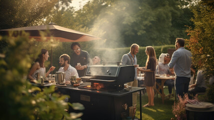 friends grilling food on an outdoor grill, sharing happy time together