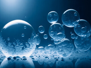 青い背景に、透明な水滴、水泡がたくさん浮かんでいる - obrazy, fototapety, plakaty