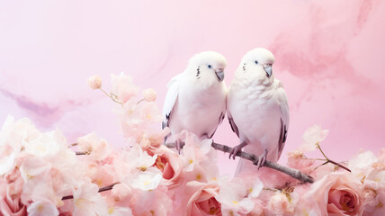 Exotic bird couple with flowers on pink