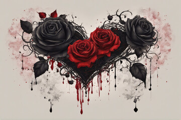 A heart made with black and red roses, blood dripping. - obrazy, fototapety, plakaty