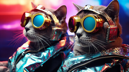 Futuristic cyber cats with fashionable clothes and accessories