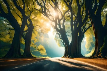 Abstract background of route and journey amidst the big tree and beautiful nature 