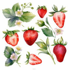 Strawberry in watercolor collection with flower and leaf with branch