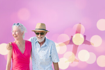 elderly man and woman on blurred airplane background. Concept of senior and retirement traveling aboard - Powered by Adobe