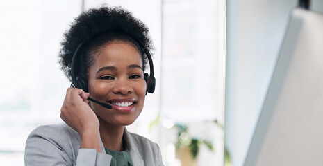 Black woman, call center and smile by computer for telemarketing, customer service or support at...