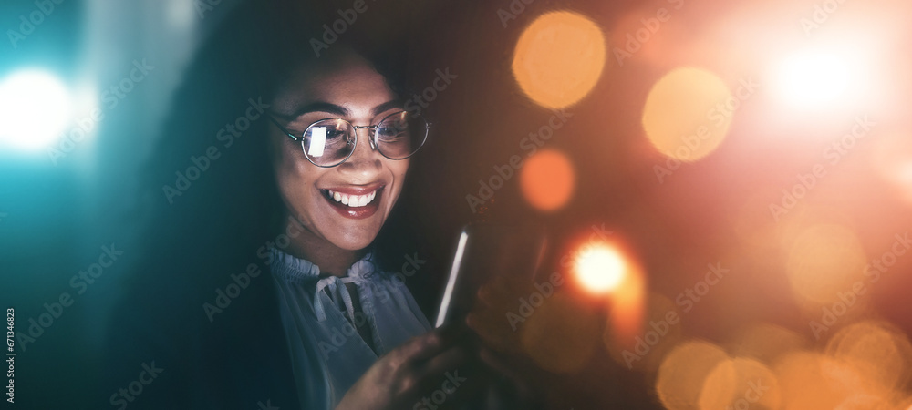 Sticker Businesswoman, phone and smile in communication at night for texting, chatting or networking on dark background. Happy female employee holding smartphone working late for online planning strategy