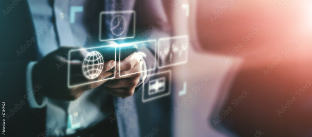 Aufkleber business man, mobile app and technology abstract with hologram, communication and 3d, chat and email