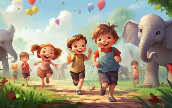Children's Happy Play Illustration,created with Generative AI tecnology.