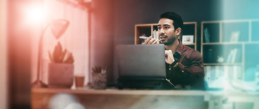 Voice call, phone and business man for office communication, networking and digital strategy overlay. Asian worker, entrepreneur or person talking on smartphone voip for career management opportunity