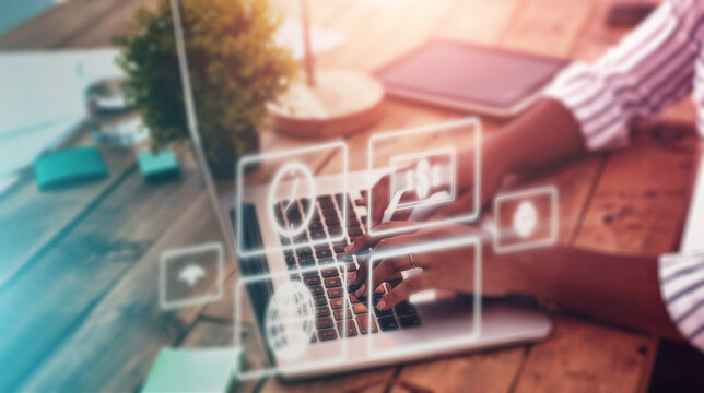 Laptop, overlay and schedule with a woman in an internet cafe doing a search for global or financial data. Computer, software or app with a person working on information research in a coffee shop