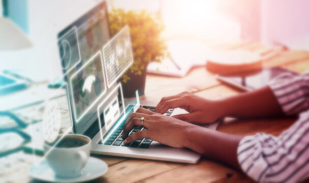 Laptop, overlay and app with a woman in an internet cafe doing a search for global or financial data. Computer, software or stock market with a person working on information research in a coffee shop - Powered by Adobe