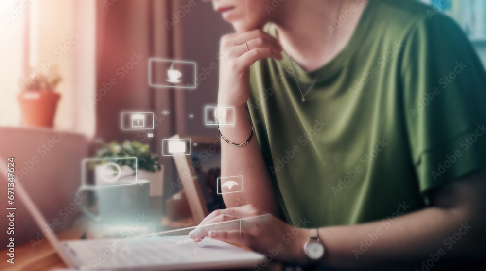 Aufkleber Developer, hands or laptop hologram abstract in networking cybersecurity, remote iot or programming. Woman, typing or 3d internet technology of dashboard software or futuristic digital transformation