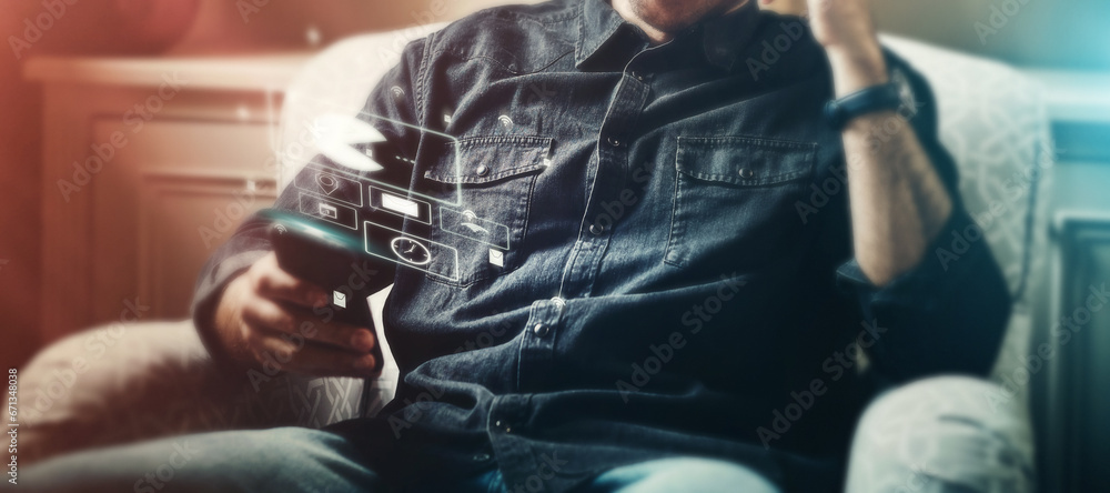 Poster Man, phone or 3d hologram of internet gaming, futuristic networking or virtual cloud media in relax house. Person, mobile or technology abstract app for gamer ux, email logo or digital transformation