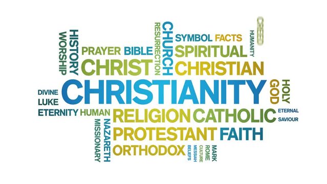 Christianity animated tag word cloud;text design animation kinetic typography seamless loop.