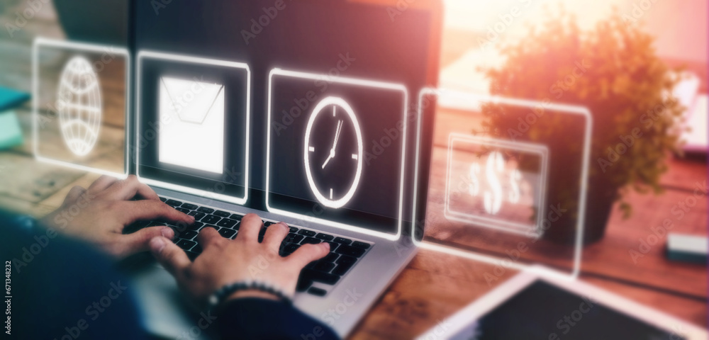 Aufkleber laptop, icons and hands with digital overlay for networking app, email communication and time manage