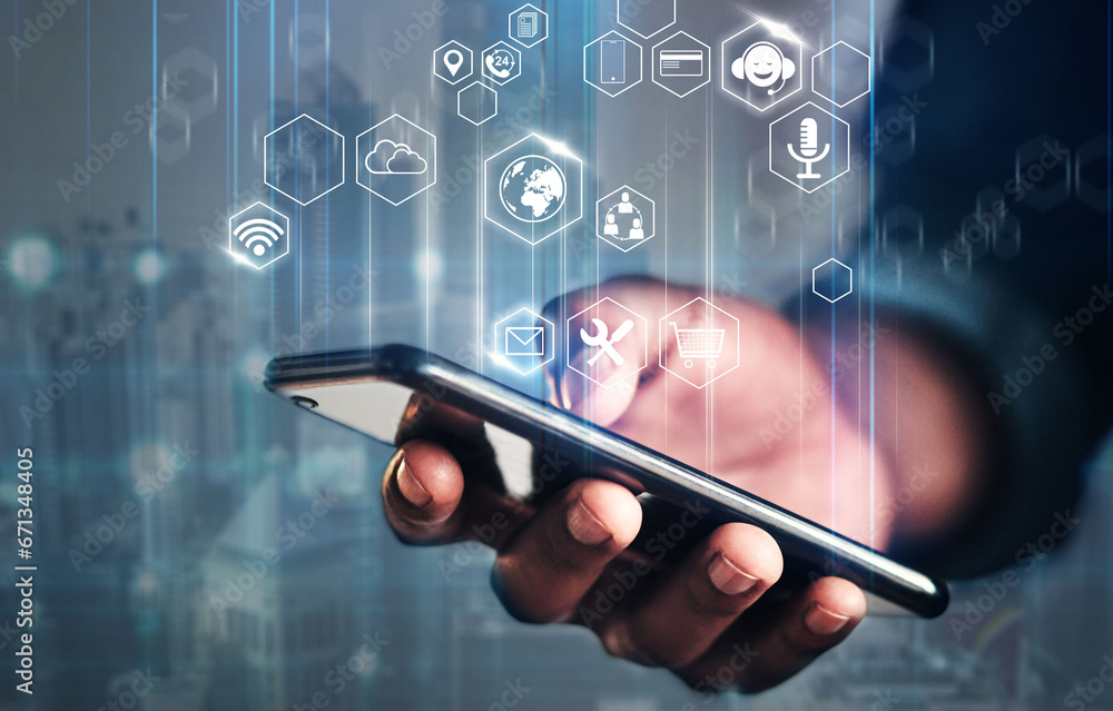 Poster Phone, technology and digital transformation with hands of man and mockup for social media notification, internet or future app. Hologram or cloud computing with 3d icon for networking, data and iot