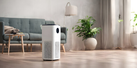 Air purifier in living room for filter and cleaning removing dust PM2.5 HEPA in home, for fresh air and healthy life,Air Pollution Concept - obrazy, fototapety, plakaty