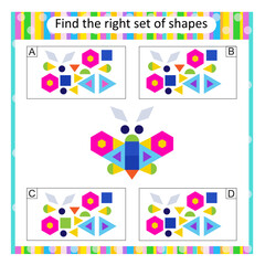 Logic puzzle for kids. Find the correct set of cartoon butterfly. Answer is B.