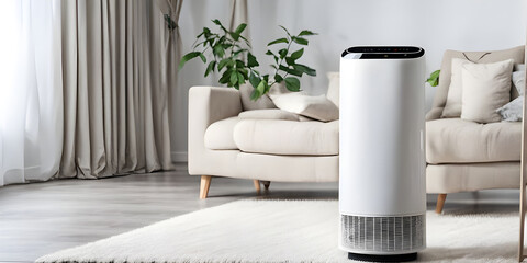 Air purifier in living room for filter and cleaning removing dust PM2.5 HEPA in home, for fresh air and healthy life,Air Pollution Concept