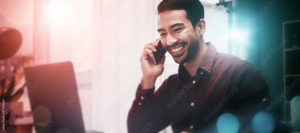 Fototapete Man, office and night by overlay, phone call or networking for web design by 3d holographic with smile. Programming expert, laptop and hologram ui for website, cloud computing and happy for coding