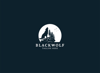 silhouette illustration of Howling Wolf with Moon logo design