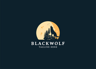 silhouette illustration of Howling Wolf with Moon logo design