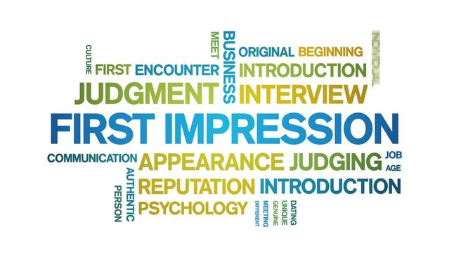 First impressions animated tag word cloud;text design animation kinetic typography seamless loop.