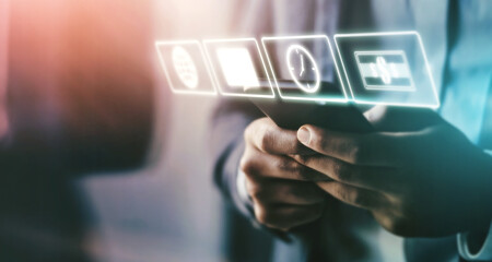 Business man, mobile app icons and technology abstract with hologram, communication and 3D, chat and email. Digital overlay, smartphone in hands and mockup space, futuristic with connection and wifi