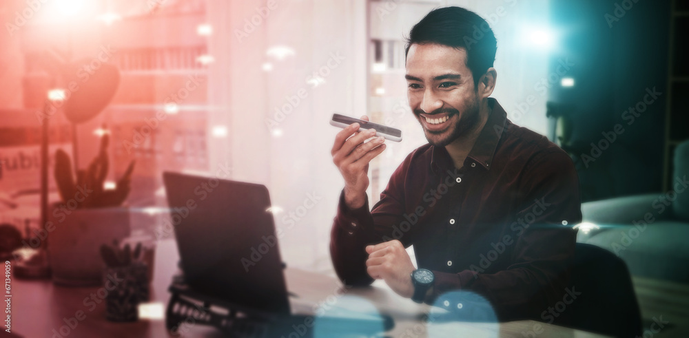 Aufkleber Man, office and night by overlay, smartphone on speaker for web design, innovation or 3d holographic ux. Programming expert, phone call and hologram ui for website, cloud computing or chat for coding