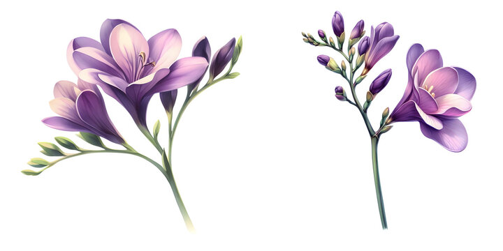Purple Freesia flower in watercolor, transparent background