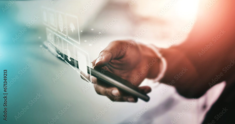 Aufkleber Software hologram, technology abstract and hands with phone for networking, connection and mobile app. Communication, futuristic 3d icons and mockup smartphone for internet, website and social media