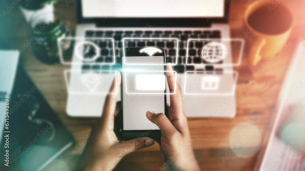 Poster Technology abstract, digital hologram and hands with smartphone for networking, software and mobile app. Communication, futuristic 3d icons and mockup screen for internet, connection and social media