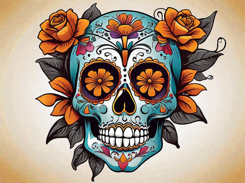 Vector illustration day of dead mexico festival skull dead flower art design colorful