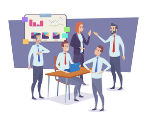 Business meeting and teamwork concept. Colleagues using laptop for business analysis, communication, brainstorming. Flat vector illustration