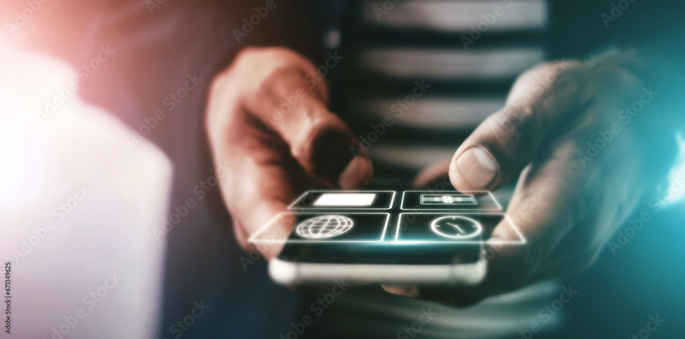 Poster Business man, smartphone in hands with app and technology abstract with hologram, communication and 3D. Digital overlay, chat and email with internet icons, futuristic with connection and wifi