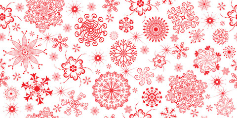 Vector Christmas seamless pattern with red monochrome snowflakes and stars, transparent background
