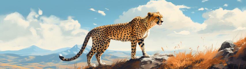 This watercolor masterpiece captures the essence of a cheetah perched on a mountaintop, merging the agility of the animal with the majesty of the landscape. - obrazy, fototapety, plakaty
