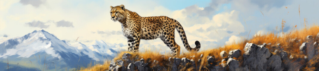 This watercolor masterpiece captures the essence of a cheetah perched on a mountaintop, merging the agility of the animal with the majesty of the landscape. - obrazy, fototapety, plakaty