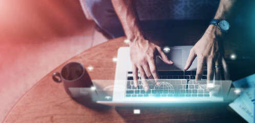 Top view, hands or laptop hologram abstract in networking cybersecurity, internet research or data programming. Man, 3d or ai technology of software, dashboard ux or futuristic digital transformation