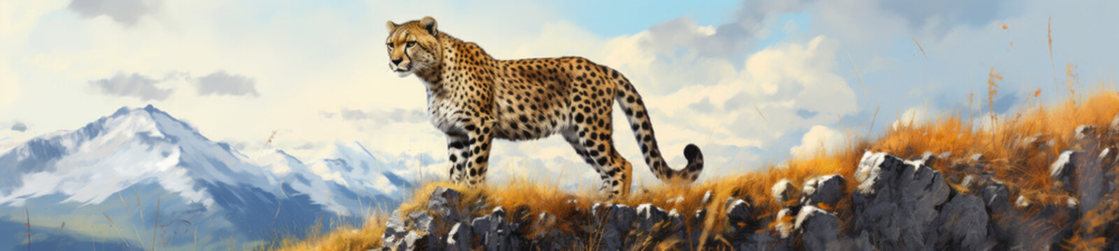 This watercolor masterpiece captures the essence of a cheetah perched on a mountaintop, merging the agility of the animal with the majesty of the landscape.