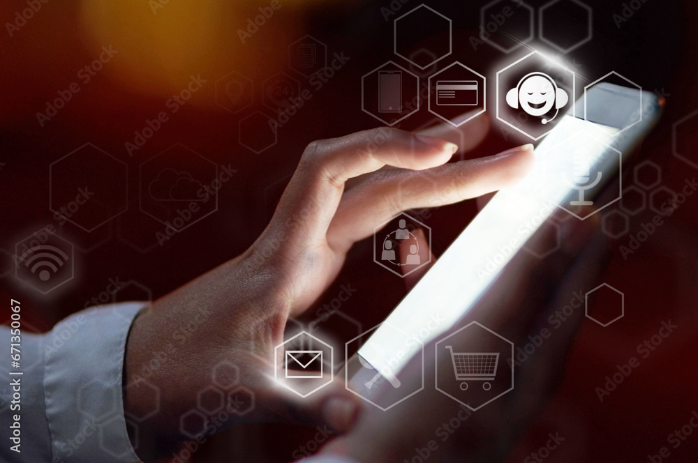 Poster hands, phone and software icons on mockup screen for social media, networking or digital transformat