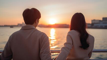 Back view of young asian couple looking at sunset on the sea - obrazy, fototapety, plakaty