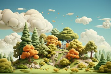 Group of cartoon trees on a hill, casting playful shadows, Generative AI