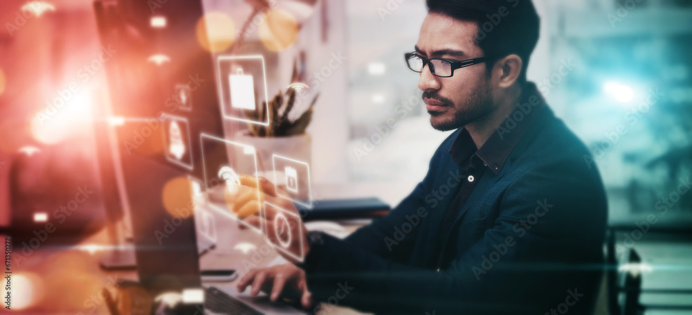 Poster Man, office and night with overlay, laptop and web design innovation by 3d holographic ux for typing. Programming expert, computer and hologram ui for website, cloud computing or analysis for coding