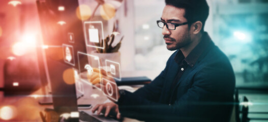 Man, office and night with overlay, laptop and web design innovation by 3d holographic ux for typing. Programming expert, computer and hologram ui for website, cloud computing or analysis for coding