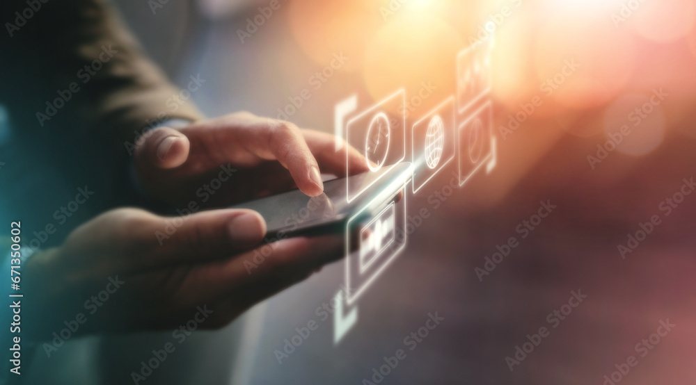Poster hologram, hands and smartphone with connection, futuristic and typing for social media. closeup, cel