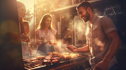 friends grilling food on an outdoor grill, sharing happy time together - Powered by Adobe